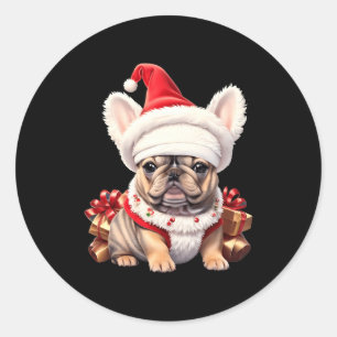Adesivo Redondo Cachorro francês bonitinho chapéu de Papai Noel Ca