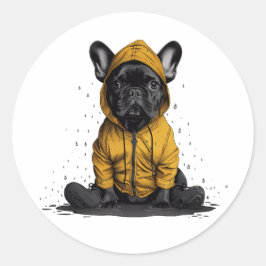 Adesivo Redondo Cachorro francês bonito Vestindo capa-de-chuva