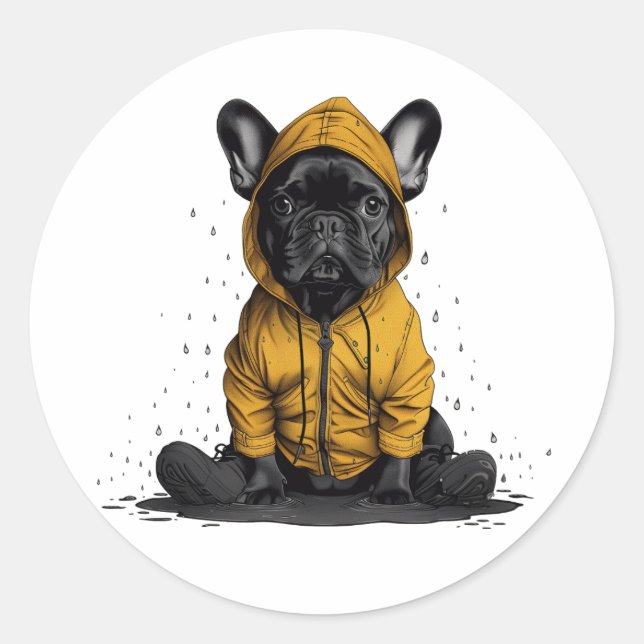 Adesivo Redondo Cachorro francês bonito Vestindo capa-de-chuva (Frente)