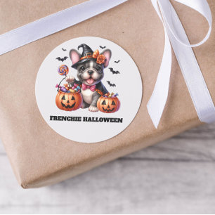 Adesivo Redondo Cachorro francês fofo de Halloween doce bruxa
