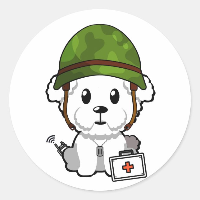 Adesivo Redondo Cachorro Fresco Vestindo capacete do exército (Frente)