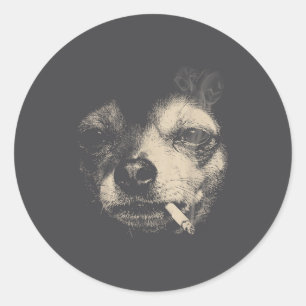 Adesivo Redondo Cachorro fumando cigarro meme engraçado de Chihuah