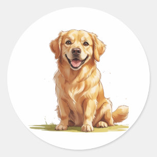 Adesivo Redondo Cachorro Golden Retriever Fofo na Grama