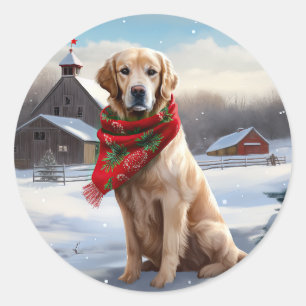 Adesivo Redondo Cachorro Golden Retriever na Neve Natal