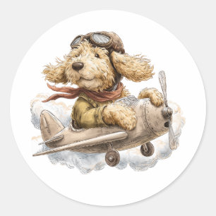 Adesivo Redondo Cachorro Goldendoodle Piloto Avião
