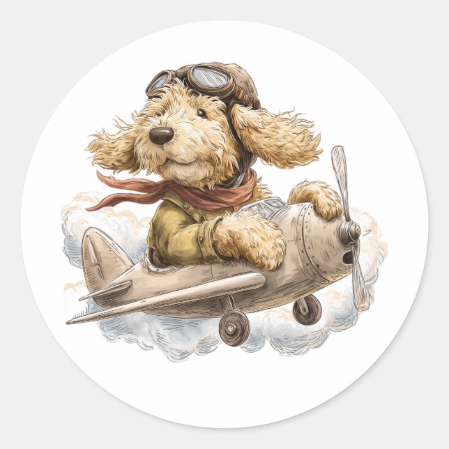 Adesivo Redondo Cachorro Goldendoodle Piloto Avião (Frente)