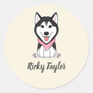 Adesivo Redondo Cachorro husky preto e branco fofo