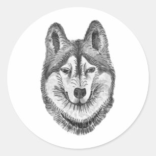 Adesivo Redondo Cachorro Husky Siberiano Preto e Branco com Tinta