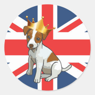 Adesivo Redondo Cachorro Jack Russell fofo vestindo uma Coroa e Un