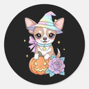Adesivo Redondo Cachorro Kawaii Chihuahua Bruxa Abóbora Halloween