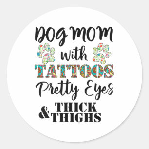 Adesivo Redondo Cachorro Mãe Com Tatuagens Olhos Bonito Espessos E