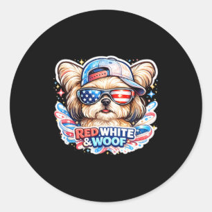 Adesivo Redondo Cachorro maltês engraçado vermelho branco e woof p