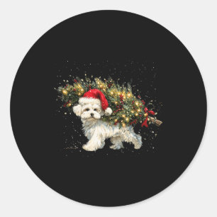 Adesivo Redondo Cachorro Maltês Fofo Em Uma Árvore De Natal Para H