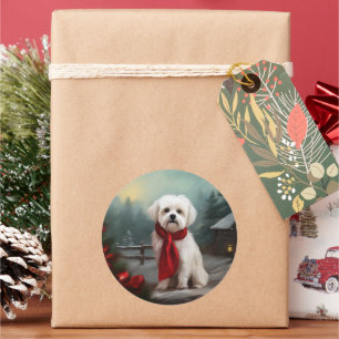 Adesivo Redondo Cachorro Maltês na Neve Natal 