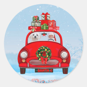 Adesivo Redondo Cachorro Maltês No Carro Com Papai Noel