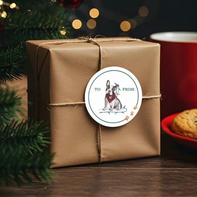 Adesivo Redondo Cachorro Malvado Cachorro-d-Água Tangido em Luzes (Naughty Dog Watercolor Bulldog Tangled in Lights Classic Round Sticke)