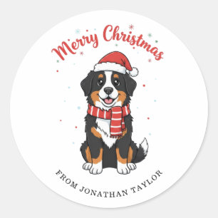 Adesivo Redondo Cachorro Montanha Bernesa Feliz Natal Doodle