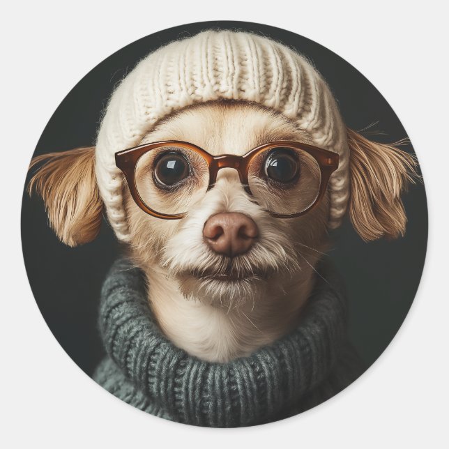 Adesivo Redondo Cachorro-na moda com roupa confortável (Frente)
