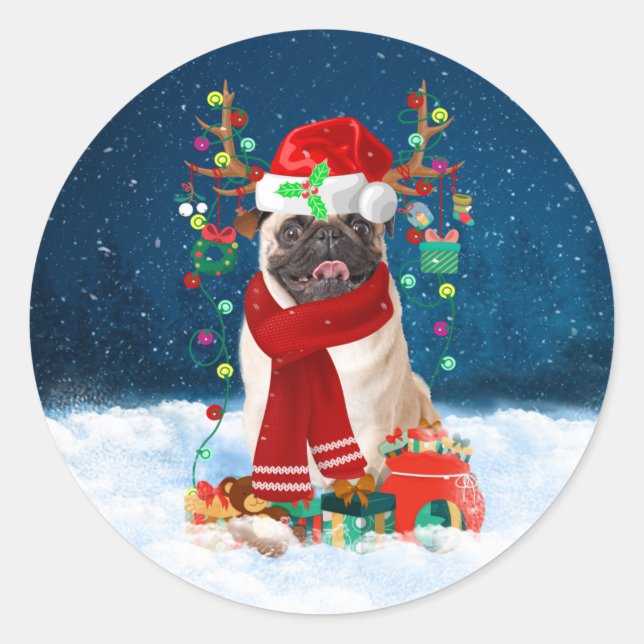 Adesivo Redondo Cachorro na neve com presentes de Natal (Frente)