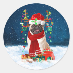 Adesivo Redondo Cachorro na neve com presentes de Natal