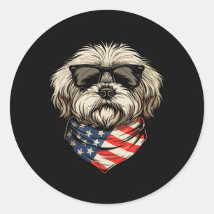 Adesivo Redondo Cachorro Patriótico Americano Shih Tzu Bandeira Do