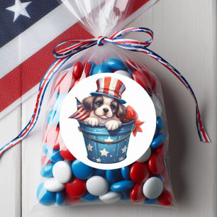 Adesivo Redondo Cachorro Patriótico Vermelho Branco Azul Chapéu Al