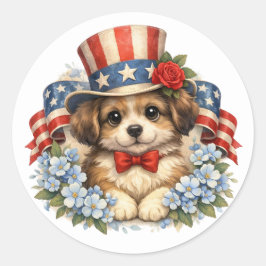 Adesivo Redondo Cachorro Patriótico Vermelho Branco e Azul
