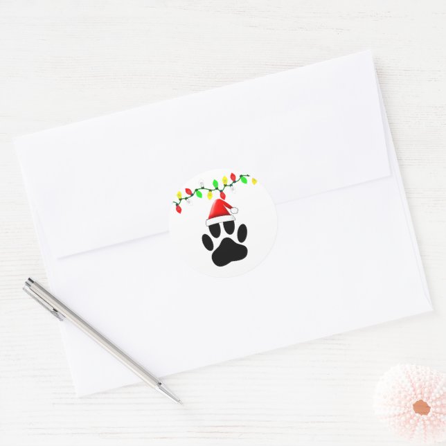 Adesivo Redondo Cachorro Pawprint Papai Noel Luzes de Natal (Envelope)