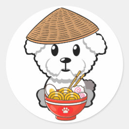 Adesivo Redondo Cachorro peludo engraçado está comendo macarrão