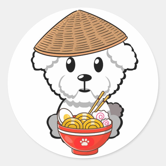 Adesivo Redondo Cachorro peludo engraçado está comendo macarrão (Frente)