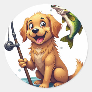 Adesivo Redondo Cachorro Pescando Golden Retriever Robalo Kawaii T