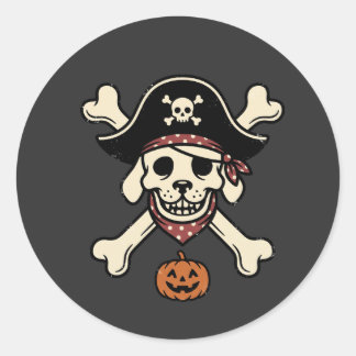 Adesivo Redondo Cachorro Pirata Vintage Halloween Caveira Ossos Cr