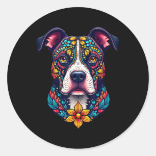 Adesivo Redondo Cachorro Pitbull Crânio de Açúcar Mexicano Dia De