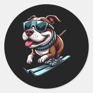 Adesivo Redondo Cachorro Pitbull Esquiando Esportes de Inverno Div