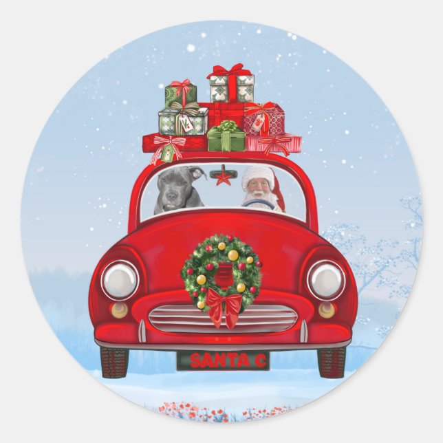 Adesivo Redondo Cachorro Pitbull No Carro Com Papai Noel (Frente)