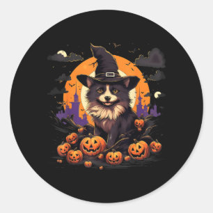 Adesivo Redondo Cachorro Pomsky Bruxa de Halloween Assustador