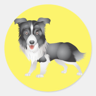 Adesivo Redondo Cachorro Preto E Branco Border Collie Amarelo Filh