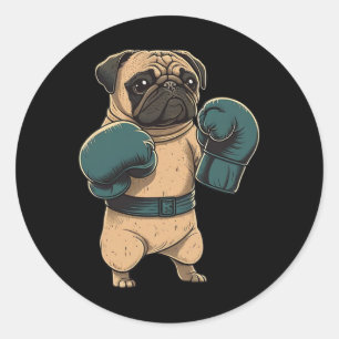 Adesivo Redondo Cachorro Pug Boxeador Luvas de Boxe Mma Kickboxer
