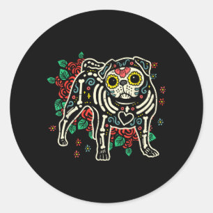 Adesivo Redondo Cachorro Pug Caveira de Açúcar Dia De Los Muertos