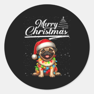 Adesivo Redondo Cachorro Pug Engraçado Luzes de Natal Chapéu do Pa