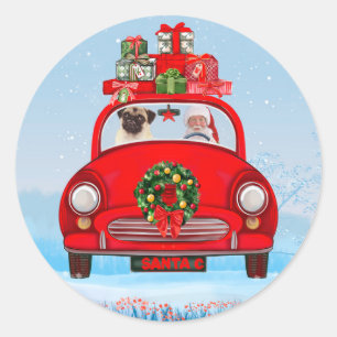 Adesivo Redondo Cachorro Pug no carro com Papai Noel