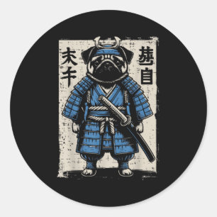 Adesivo Redondo Cachorro Pug Samurai Engraçados Homens De Arte Jap