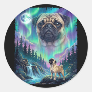 Adesivo Redondo Cachorro Pug uivando luzes do norte aurora lua flo