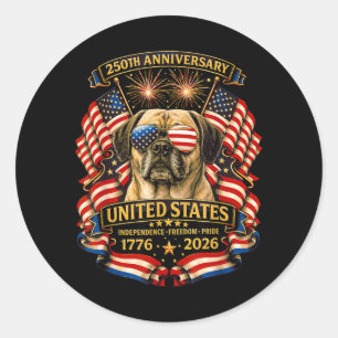Adesivo Redondo Cachorro Puggle EUA Independência 1776 2026 Patrió