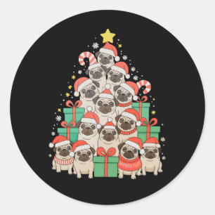 Adesivo Redondo Cachorro Pugs Árvore de Natal Xmas Pai Mãe Família