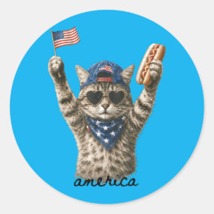 Adesivo Redondo Cachorro Quente de Gato Patriótico Americano
