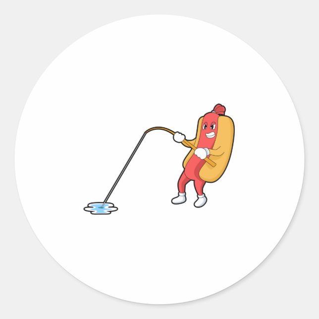 Adesivo Redondo Cachorro-quente na pesca com vara de pesca (Frente)