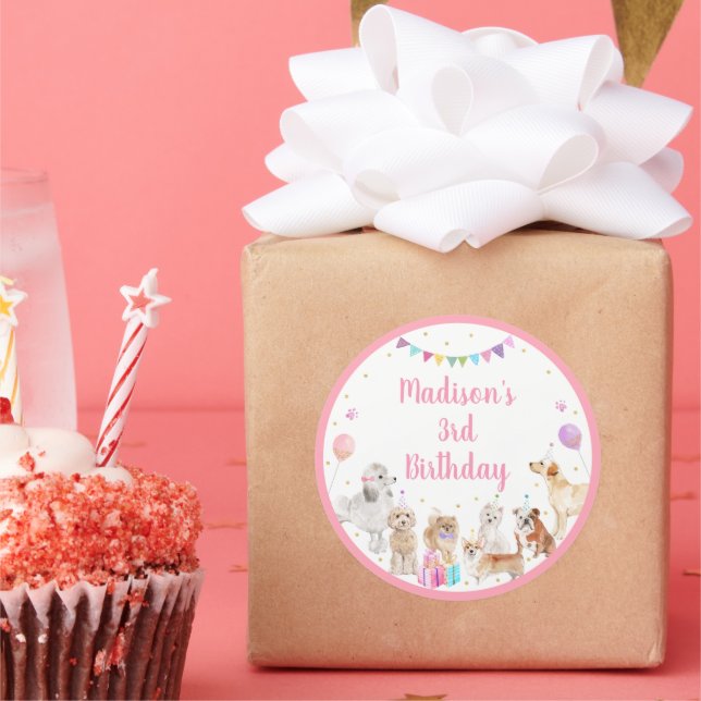 Adesivo Redondo Cachorro Rosa Rosa Menina-Rosa Pata-Pássaro Aniver (Festa)