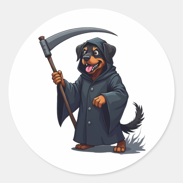 Adesivo Redondo Cachorro Rottweiler da Grim Reaper (Frente)