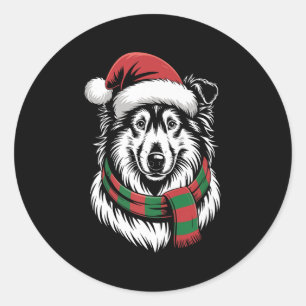 Adesivo Redondo Cachorro Rough Collie Natal Chapéu Cachecol de Nat